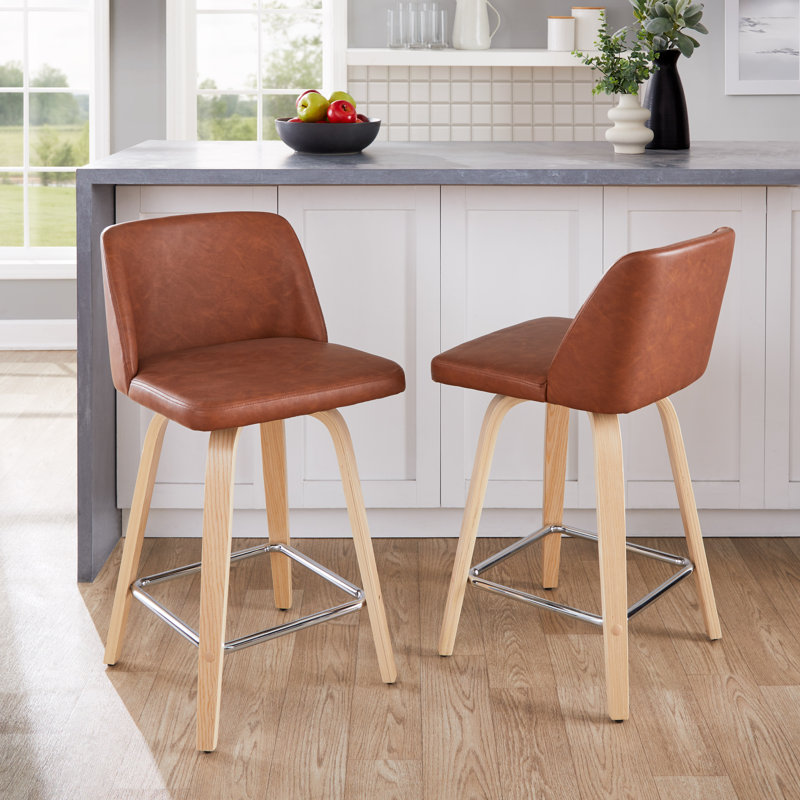 Arabelle Swivel Upholstered Faux Leather Counter Stool, Natural/Chrome
