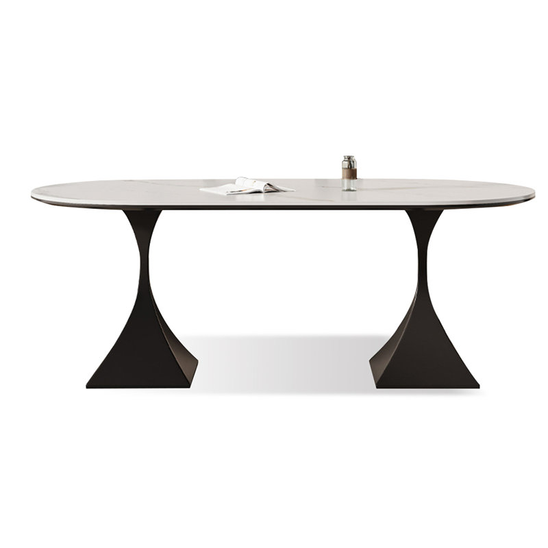 Table de salle à manger blanche et noire en pierre frittée ovale et en acier au carbone, H 29,53 po x L 78,7 po x l 35,43 po