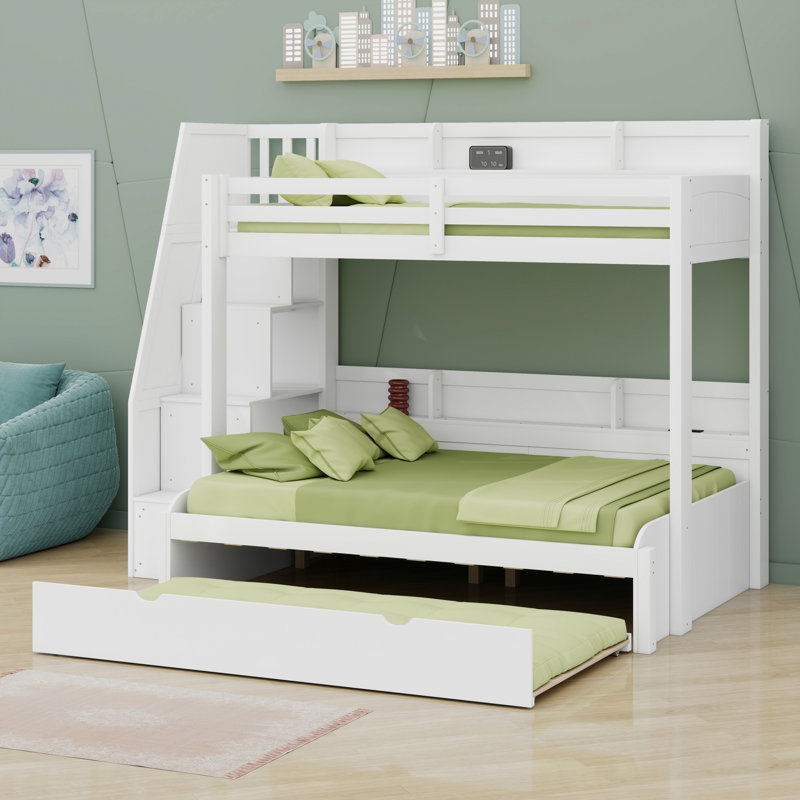 Lit superposé avec escalier de rangement, lit gigogne, tablettes de rangement, DEL et USB, Blanc