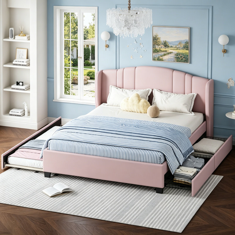 Upholstered Platform Bed With Wingback Headboard, Twin Trundle, And 2 Drawers, No Box Spring Needed, Linen Fabric, Queen Size