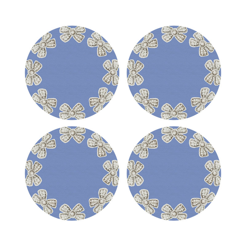 Pearl Bow Vegan Leather Round Pebble Placemat, Blue