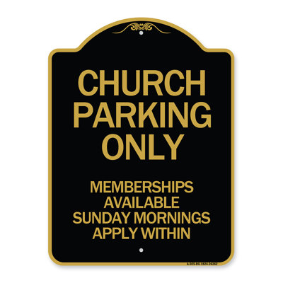 Enseigne Signmission Designer Series - Church Church Only, adhésions disponibles le dimanche matin, postuler à l'intérieur | Enseigne architecturale noire et dorée en aluminium de gros calibre 18 po x 18 po | Fabriqué aux États-Unis
