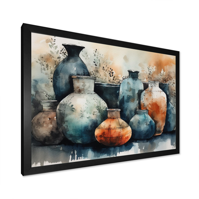 Art mural bleu et orange Kamani - art mural Boho Pottery II, Cadre noir, H 24 po x l 32 po x P 1 po