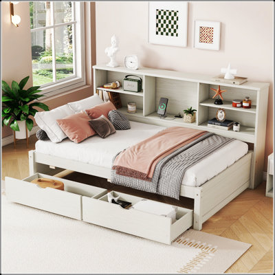Twin Size Bed Frame With Side Bookshelves, Two Drawers, And Built-In USB Port For Modern Bedrooms