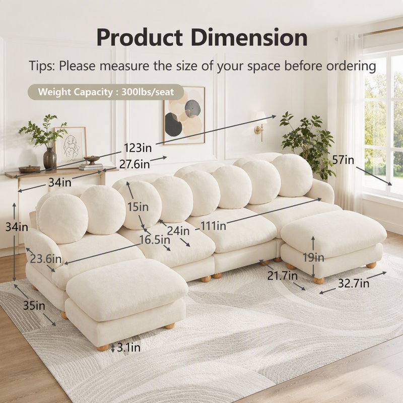 Canapé d'angle modulaire avec revêtement en chenille et pouf amovible, Chenille beige