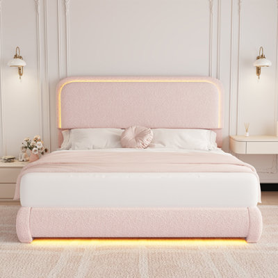 LED Teddy Fleece Platform Bed Frame with Round Corner Upholstered Headboard