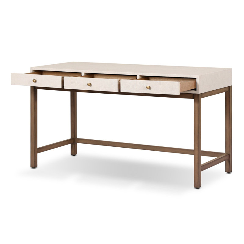 Fiona Solid Wood Writing Desk, Ivory Painted Raffia
