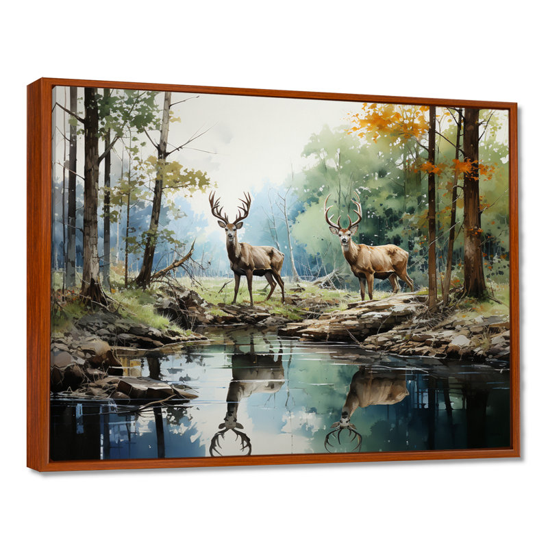 «Deer Majestic Reflections - Deer», reproduction d'art sur toile encadrée, H 24 po x l 32 po, Cadre flottant brun