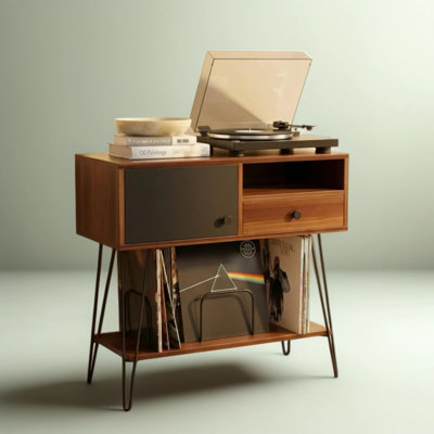 Mid Century Modern Record Player Stand With Vinyl Storage For Up To 200 Albums, Turntable Console Table With Adjustable Dividers, Drawer And Cabinet F