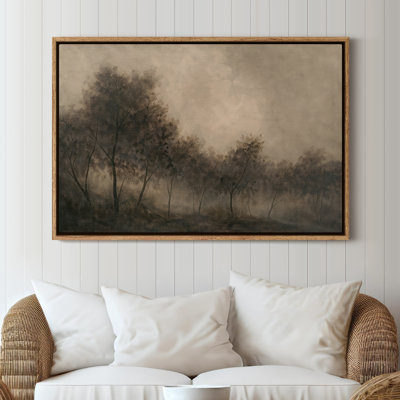 Framed Canvas Wall Art - Moody Foggy Forest Landscape with Soft Neutral Atmosphere - 16"x24", 24"x36"
