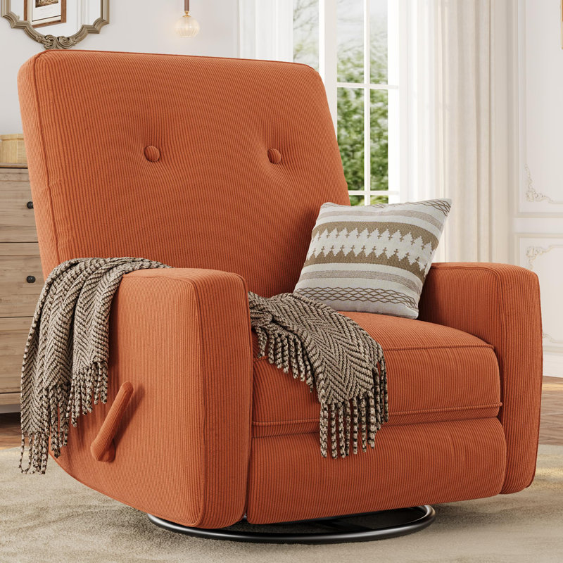 360° Swivel Rocker Recliner, Corduroy Manual Recliner Chair for Nursery, Living Room, Bedroom & Small Spaces, Orange