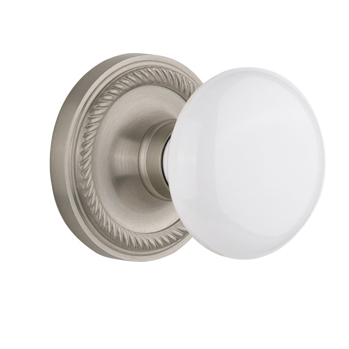 Rosette corde avec bouton de porte en porcelaine blanche, Nickel satiné