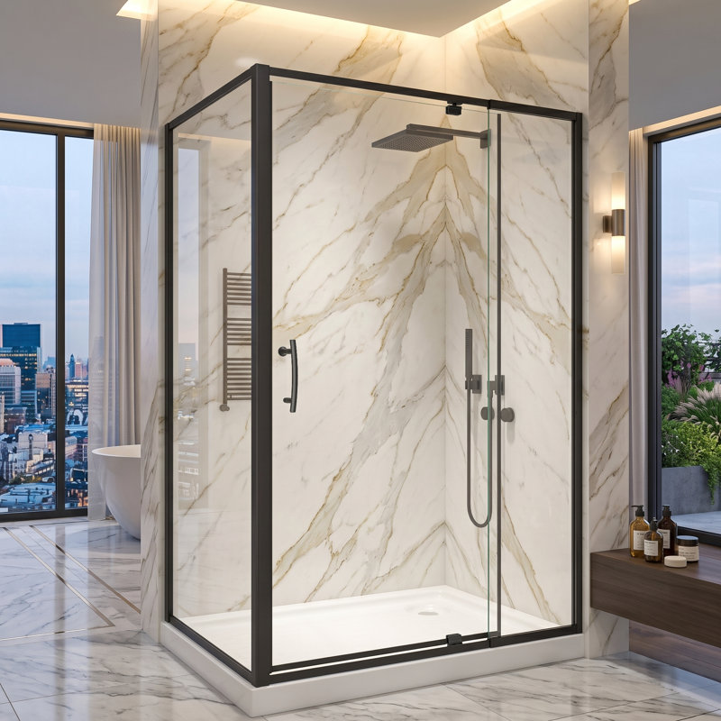 Cabine de douche semi-sans cadre, porte de douche d'angle pivotante avec verre trempé ANSI de 1/4 po 6 mm, noir mat