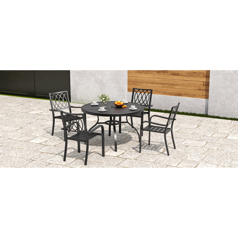 Table de patio ronde moderne, conception en faux bois et métal, salle à manger d'extérieur