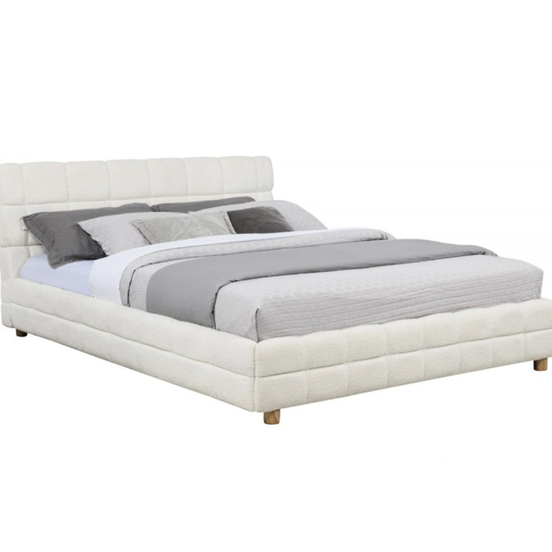 Contemporary White Queen Platform Bed With Fleece Upholstered Low Profile Frame And Grid - Headboard, Made Of Engineered Hardwood, Assembly Required Slat Modern Style For Bedroom, Plywood,