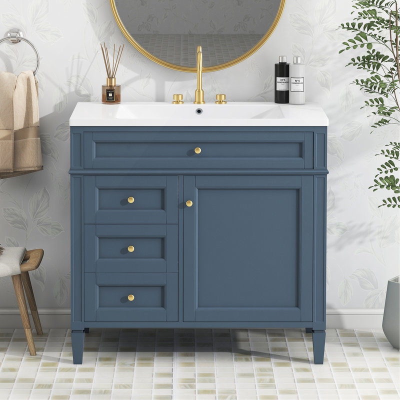 Meuble-lavabo de 36 po avec lavabo supérieur, meuble-lavabo moderne avec 2 tiroirs et tiroir escamotable, meuble-lavabo simple