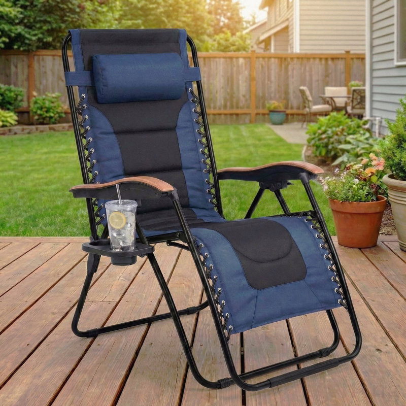 Oversized Padded Zero Gravity Chair, Foldable Patio Recliner, 30" Wide Seat Anti Gravity Lounger With Cup Holder, Support 400 Lbs