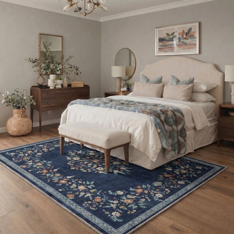 Tapis bleu rétro à motif floral lavable à la machine, tapis antidérapant traditionnel pour chambre à coucher