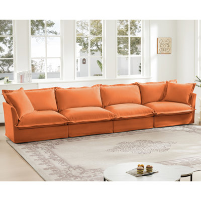 Housse en chenille orange 4 places, housse amovible, profonde pour la détente, mousse haute densité et canapé-lit sans ressorts encastré, convertible en siège modulaire avec repose-pieds