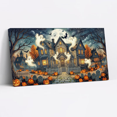 Haunted House With Glowing Windows And Pumpkins Halloween Canvas Wall Art