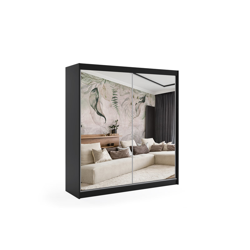 DEBA Wardrobe with Mirrored Sliding Doors, Black