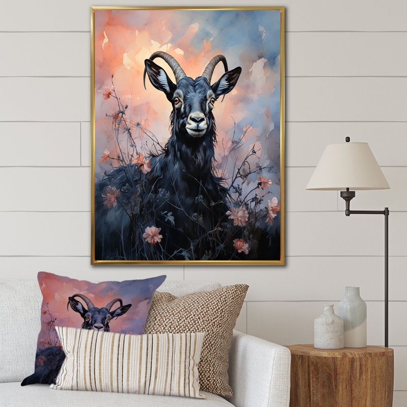 «Buck Goat Twilight Trek 3», art mural animal de chèvre, H 40 po x l 30 po x P 1,5 po, Cadre flottant doré
