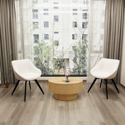 Ensemble de table basse ronde moderne en bois aggloméré de 29,53 po et 2 chaises de salle à manger en polyuréthane, table de salle à manger à rayures et espace de rangement avec chaises en métal, convient à la cuisine et à la maison