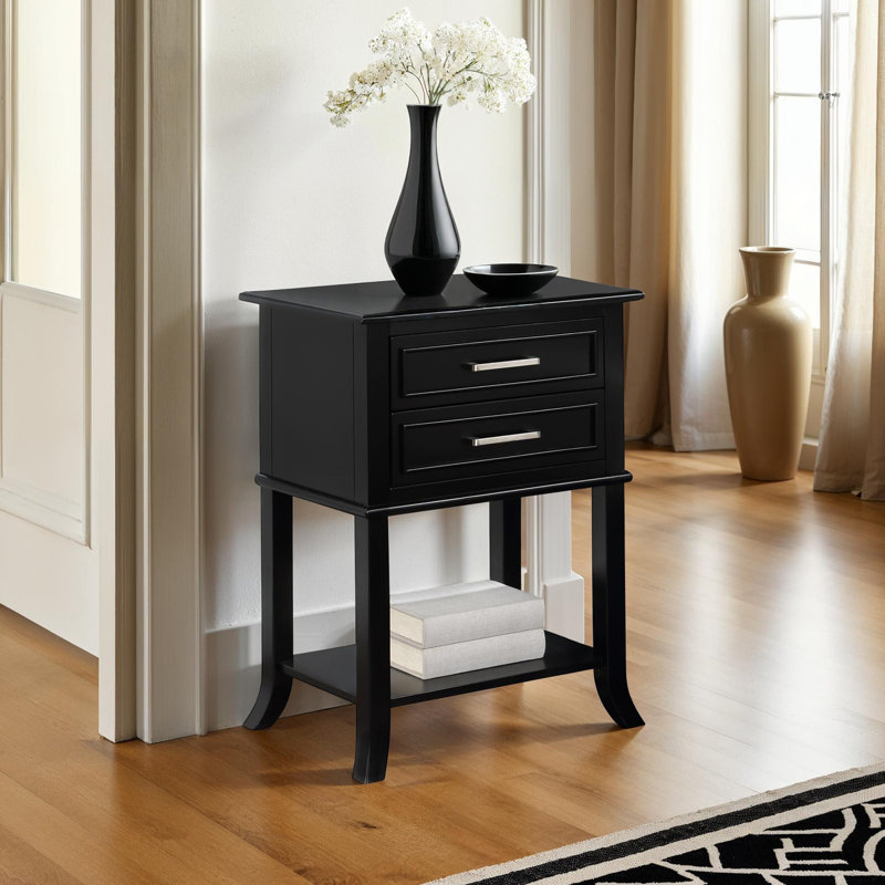 Johnessa 2 Drawer End Table with Shelf with Solid Wood Legs, Black