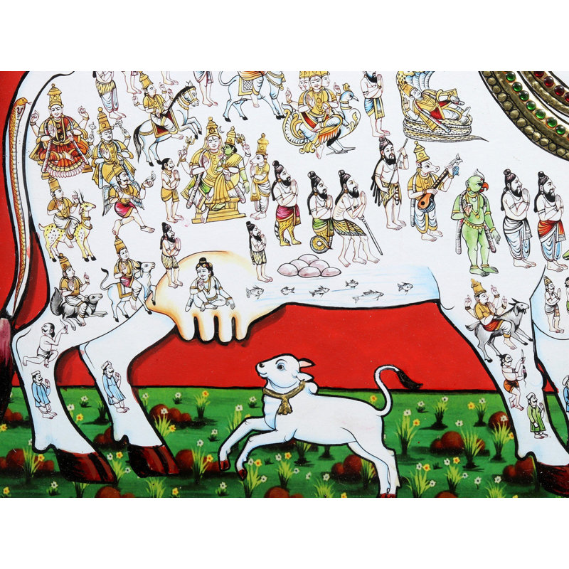 Peinture de vache Kamadhenu dans un style Tanjore vénéré par Vashishtha Muni | Avec cadre