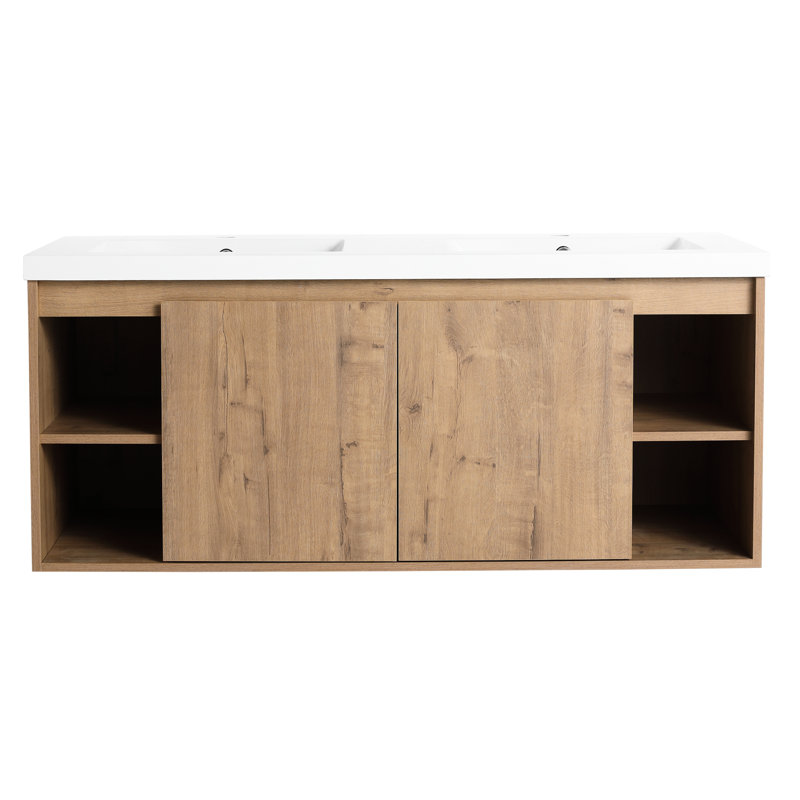 Meuble-lavabo mural moderne avec lavabo double, meuble-lavabo à charnière de porte, style contemporain
