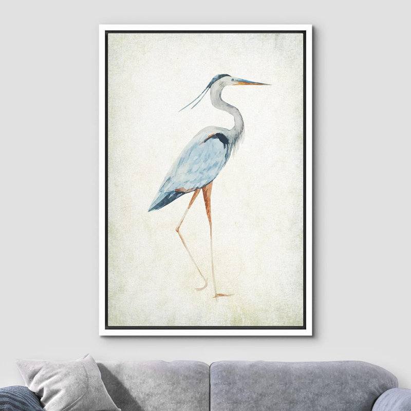 Heron sur toile tendue avec oiseaux sauvages, Cadre flottant blanc, H 24 po x l 16 po x P 1,5 po