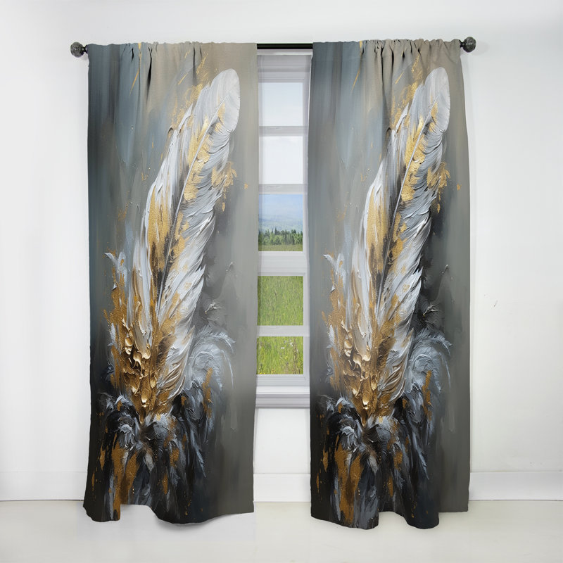 Rideau en velours moderne or - Boho Chic Feathers IV - obscurcissant - 1 panneau, L 52 po x L 84 po