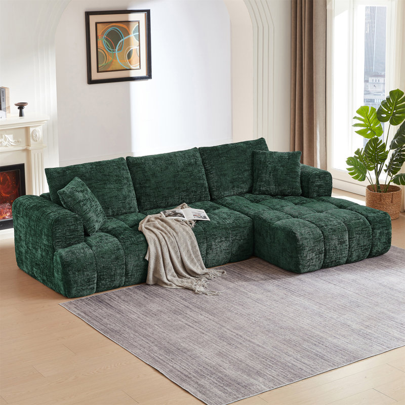 L-Shape  Sectional Oversized Sofa, Dark Green Chenille, Right Hand Facing