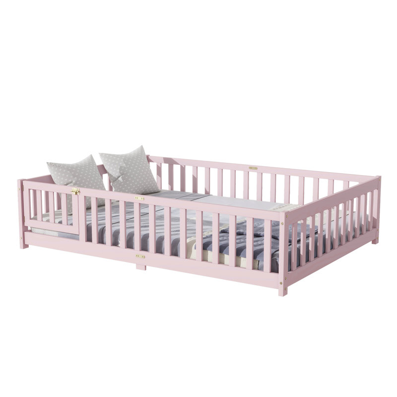 White Full Size Rubber Wood Floor Bed With Guardrails, Multi - Functional For ' Learning And Sleeping, Structure Playground Bedroom, Easy To Assemble