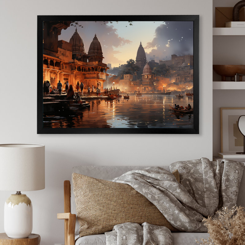 Art indien indien beige et gris, art mural indien, H 12 po x l 20 po x P 1 po, Cadre simple noir