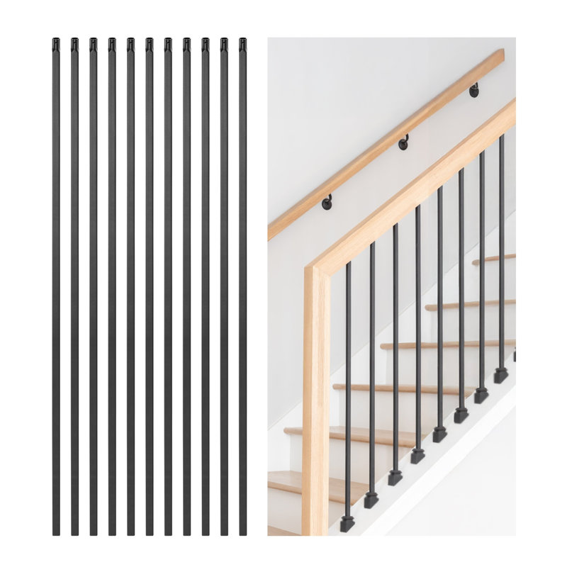Matte Black Square Steel Stair Balusters, 11-Pack, 44 Inch x 0.5 Inch, Hollow Iron Spindles with Pre-Drilled Holes for Indoor Railing