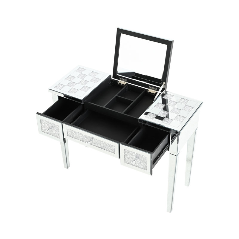 Console à miroir en verre avec motif en damier et incrustation de losanges. Pratique pour la routine beauté du matin. Miroir caché de bureau Great Polyvalent, différent