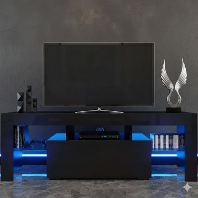 Meuble télé à DEL pour téléviseur de 55 po ou moins, un centre de divertissement moderne avec une porte rabattable rabattable, une tablette en verre et une surface avant UV ultrabrillante, une console de télévision pour le salon ou la chambre à coucher, en noir.