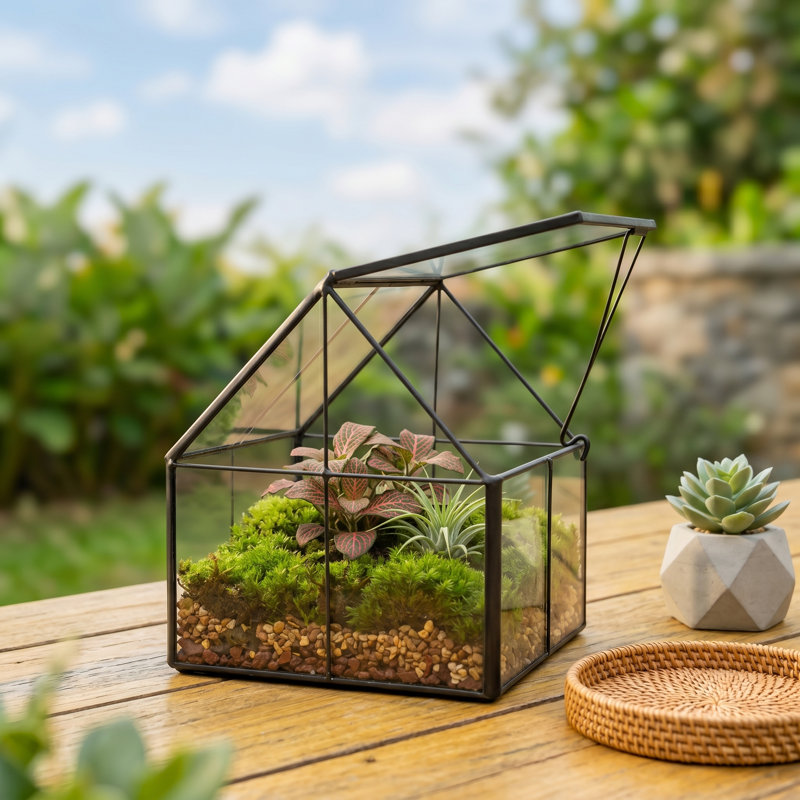 Mini terrarium en verre noir en forme de maison avec couvercle