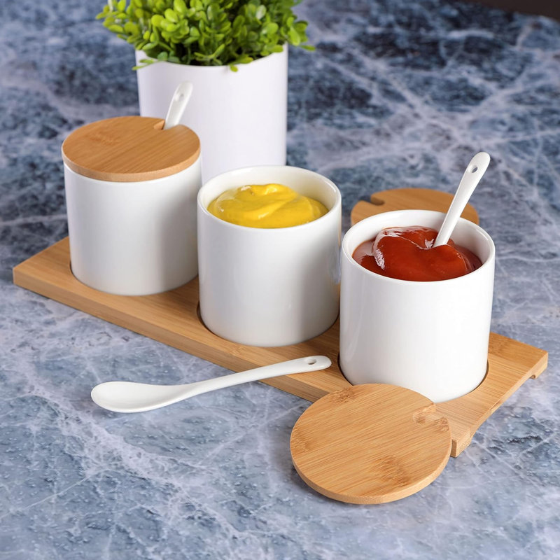 White Ceramic Condiment Jars with Bamboo Lids and Tray
