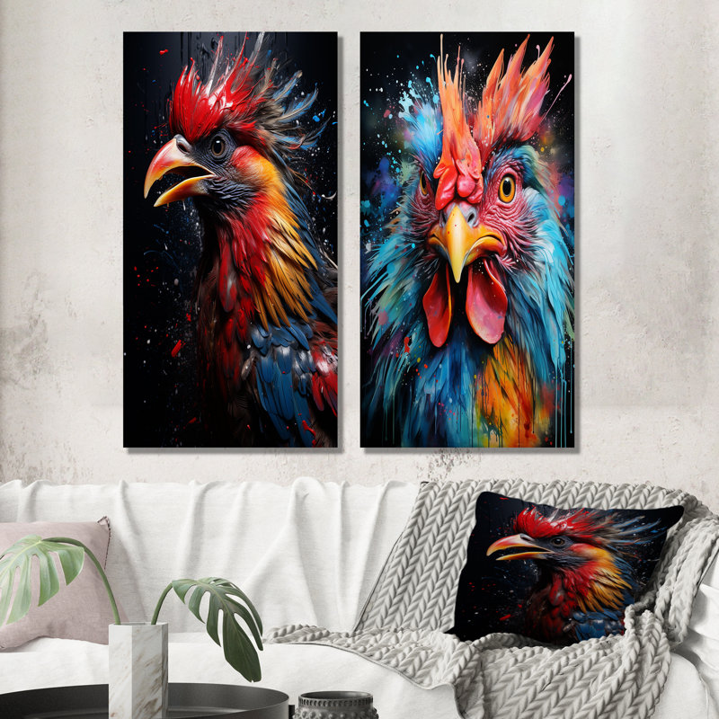 «Blue Rooster Choster Portrait I», ensemble de 2 coq, Toile tendue, H 32 po x l 33 po