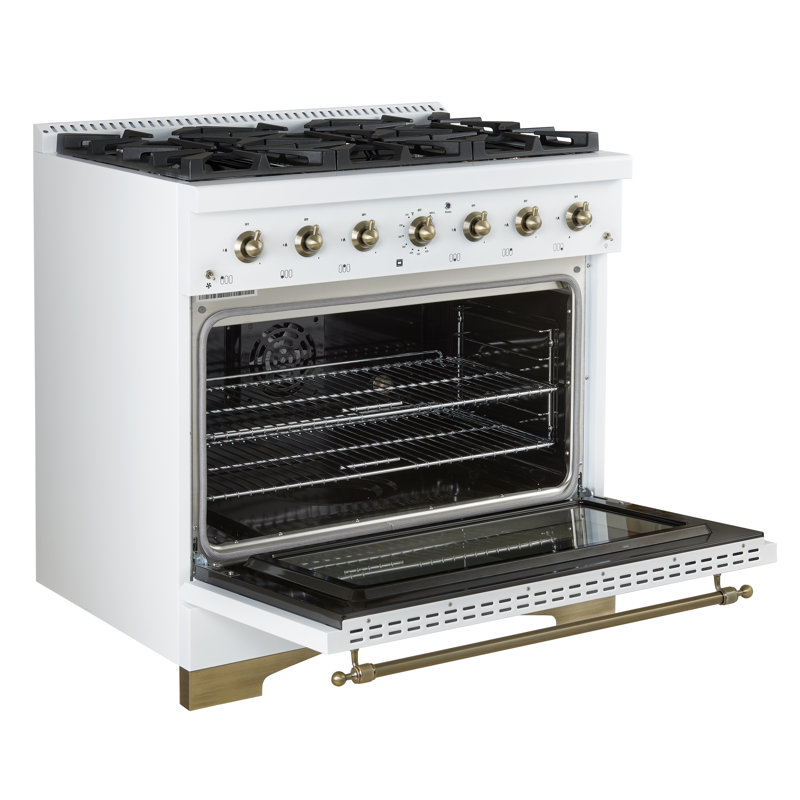 Cuisinière à double combustible 36 pouces Forno Antico avec 6 brûleurs à gaz scellés, four à convection électrique, finition laiton antique