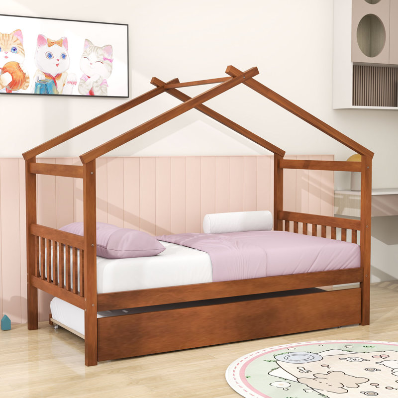 Wooden House-Shaped Bed With Sky Roof And Twin Pull-Out Trundle, Walnut, Twin