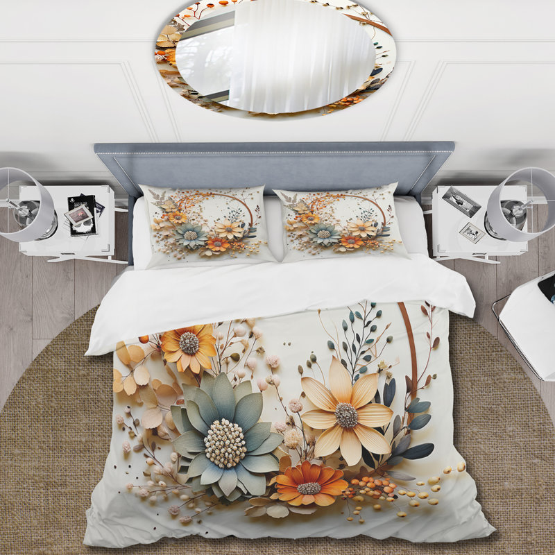 Couronne de fleurs beige et orange I - Ensemble de housse de couette floral - Polyester microfibre
