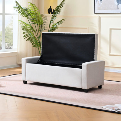Banc de rangement rembourré de 48 pouces avec charnières, beige, revêtement en lin, pour chambre ou salon, style américain, forme rectangulaire, siège mi-moelleux, capitonnage à boutons, structure en bois, pieds en bois d'hévéa beige