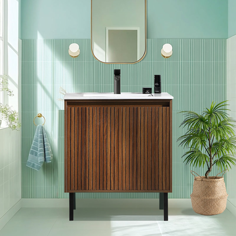 Meuble-lavabo simple 36 po avec plateau en céramique, noyer, Noyer, 36"