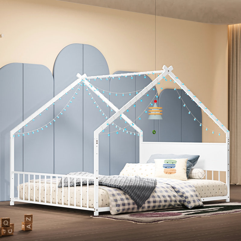 Lit de maison en métal - Structure solide, lumières, sans sommier blanc pour les pièces