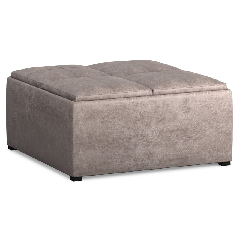 Avalon 35"W Upholstered Square Coffee Table Storage Ottoman with Flip-Over Trays, Distressed Gray Taupe  Faux Leather, Black