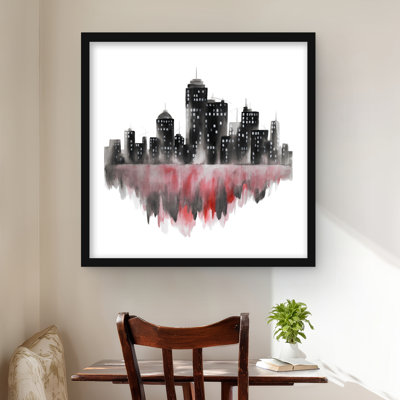 «Red Watercolor Cityscape - Livingroom Cities», reproduction encadrée