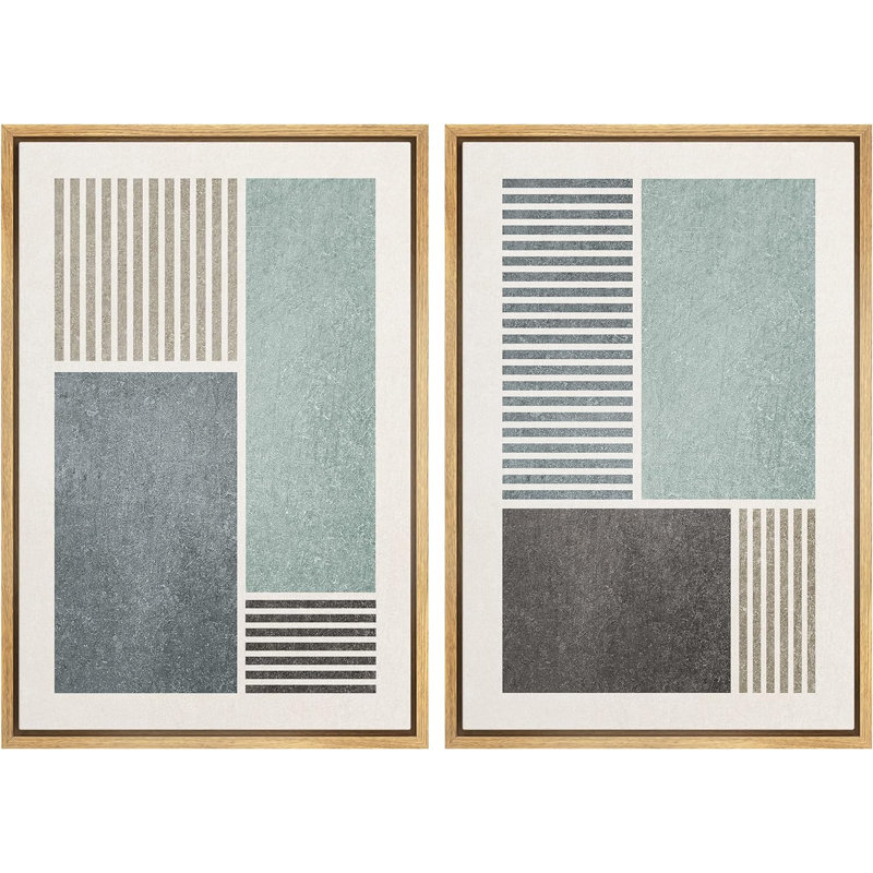 Geometric Line Minimalist Blue And Gray Rectangle And Line Abstract Shapes Modern Chic On Canvas 2 Pieces Print